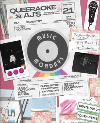 @spooky.flea's QUEERAOKE is April 21st at AJ's!!!!!!!! Trans and gay folk of the land: come hang out for an evening of basking in the light of queer togetherness WHILE shaking ass on the best stage in town ✨️ Front room vendors include @1.800.tatline @blingbitchsj @toothgems_dientedulce and PIZZA by @natashasandworms We also got free pool and $1 off draft 🍺🎱 If you've never been to an aj's show make this the ONE!! see you there hoochies 💋