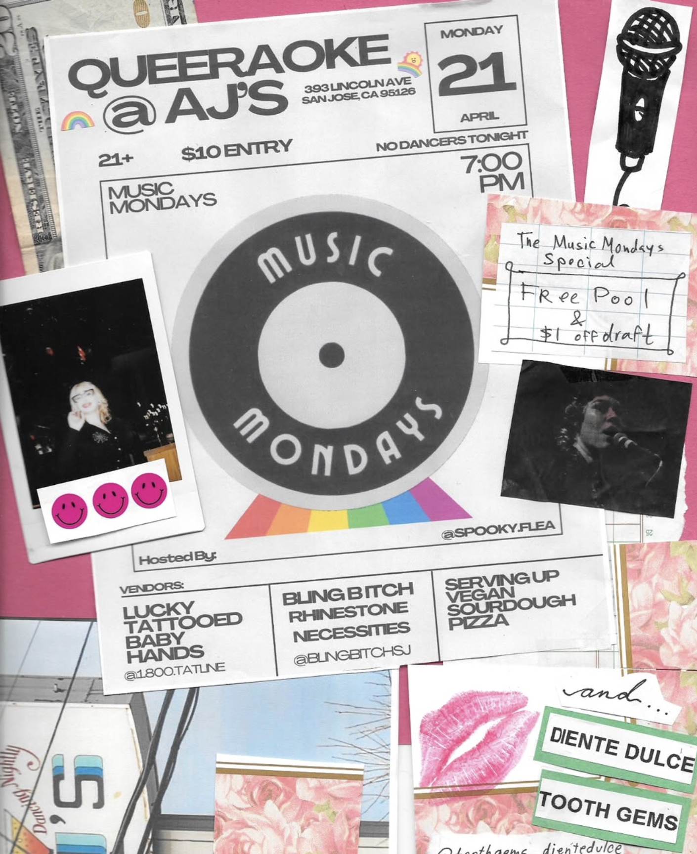 @spooky.flea's QUEERAOKE is April 21st at AJ's!!!!!!!! Trans and gay folk of the land: come hang out for an evening of basking in the light of queer togetherness WHILE shaking ass on the best stage in town ✨️ Front room vendors include @1.800.tatline @blingbitchsj @toothgems_dientedulce and PIZZA by @natashasandworms We also got free pool and $1 off draft 🍺🎱 If you've never been to an aj's show make this the ONE!! see you there hoochies 💋
