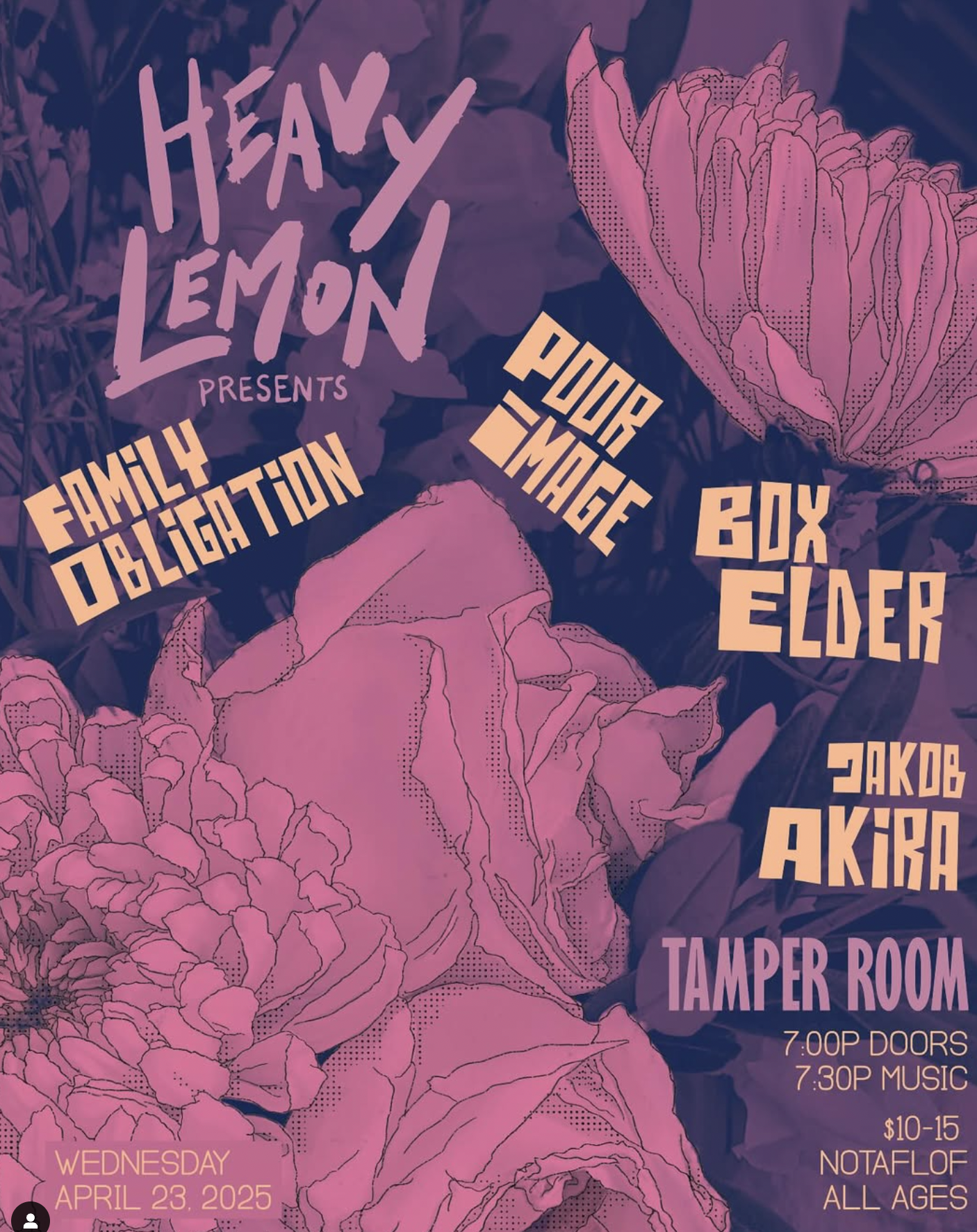WEDNESDAY APRIL 23RD @tamperroom !! WE WELCOME THE MTN EMOS IN @boxeldermusic TO THE BAY AREA WITH SUPPORT FROM @familyobligation @poorimg @jakobakira !!! $10-15 BUT NOTAFLOF DOORS AT 7P / MUSIC AT 730P ALL AGES // RESPECT THE SPACE